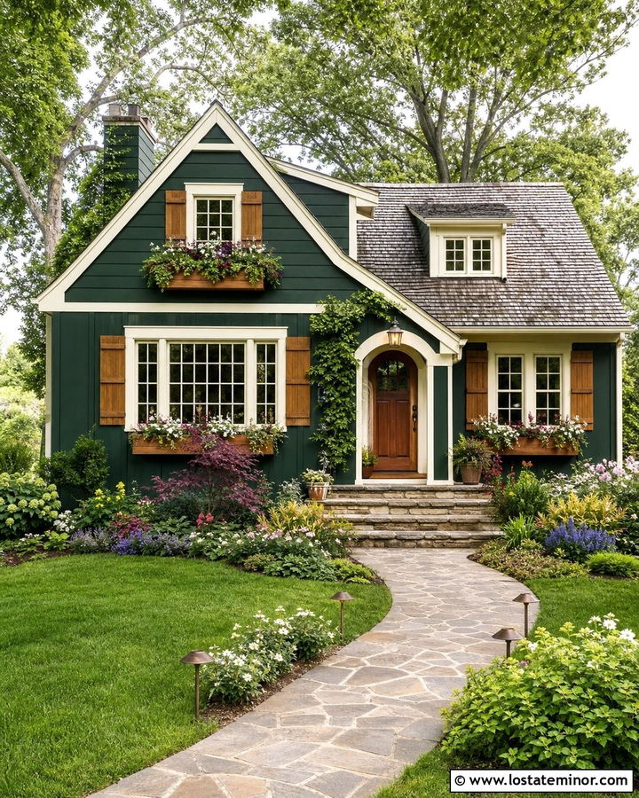 Hunter Green Cottage With Cedar Shutters And Path Lights - 30 Hunter Green House Design With Lighting Ideas