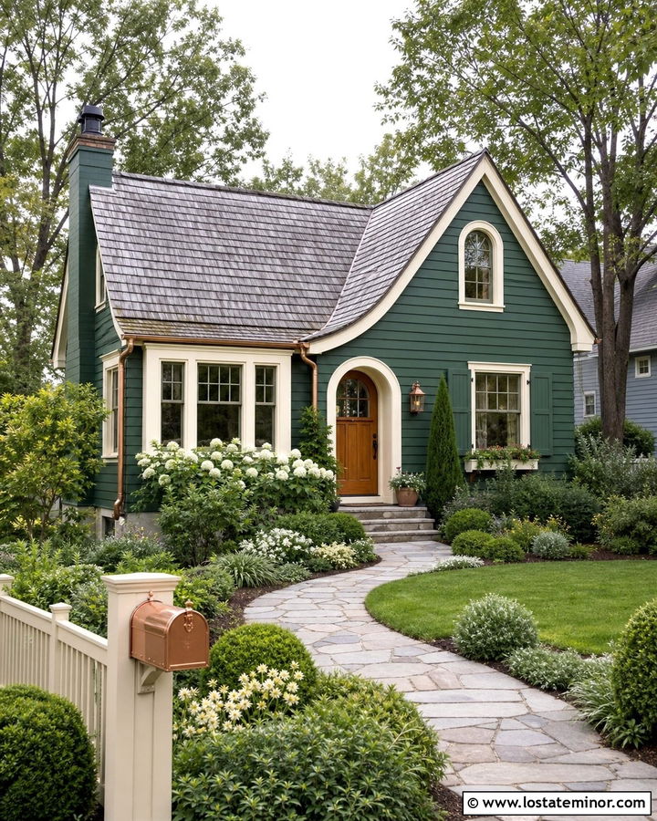Hunter Green Cottage With Copper Mailbox - 30 Hunter Green House Design With Mailbox Ideas