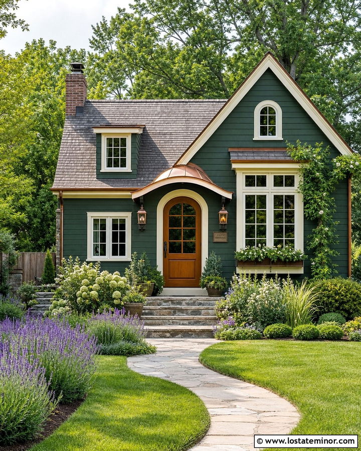 Hunter Green Cottage With Copper Roof Portico - 30 Hunter Green House Design With Portico Ideas