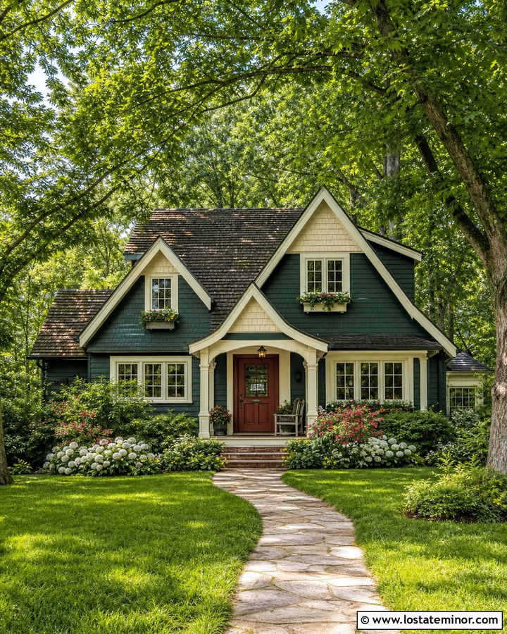 Hunter Green Cottage With Cream Gables - 30 Hunter Green House Design With Gables Ideas