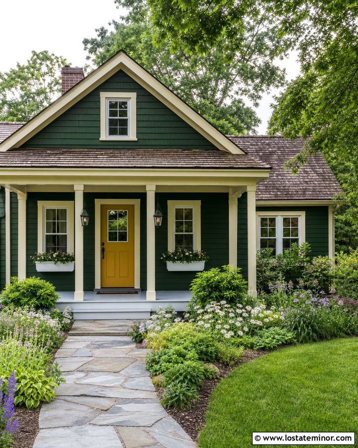 Hunter Green Cottage With Cream Porch Trim - 30 Hunter Green House Design With Front Porch Ideas