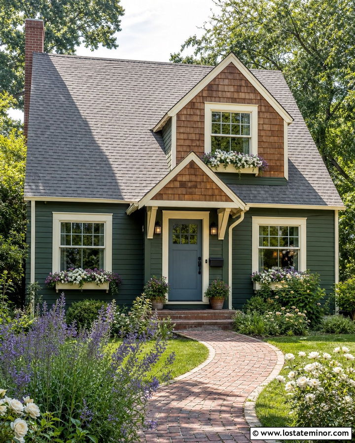 Hunter Green Cottage With Cream Trim And Cedar Shake - 30 Hunter Green House Design With Cedar Shake Ideas