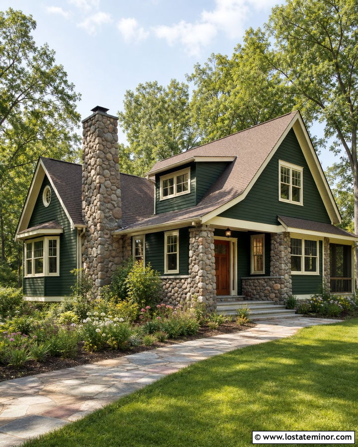 Hunter Green Cottage With Cream Trim And River Rock - 30 Hunter Green House Design With Stone Accents Ideas