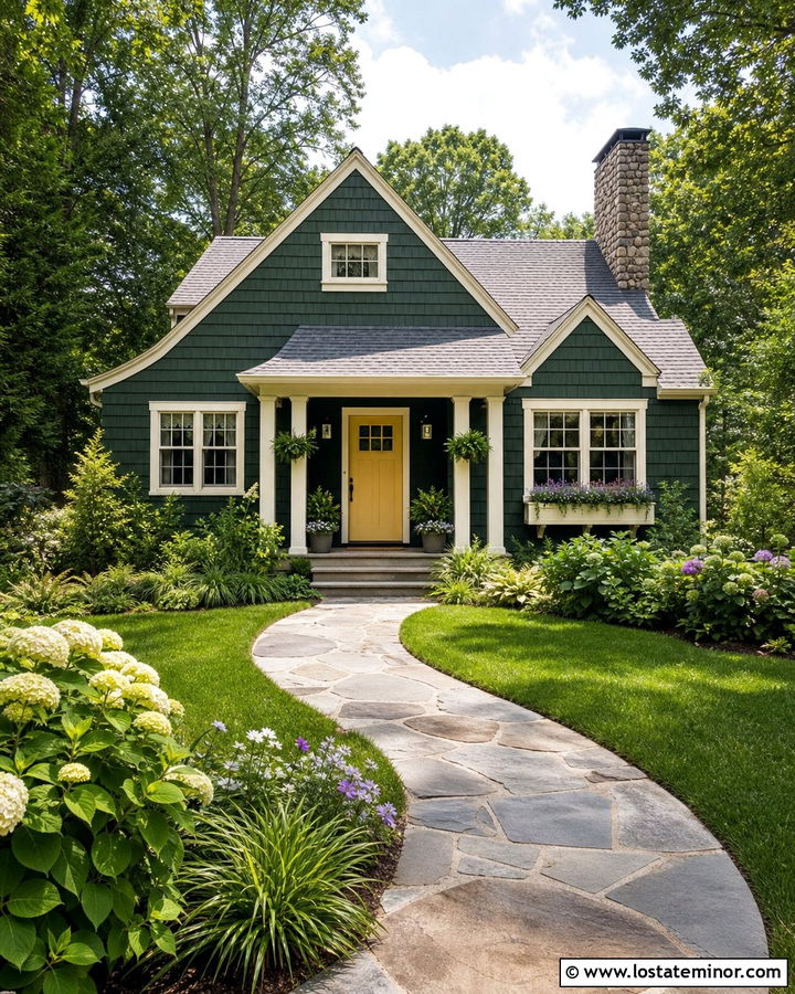 Hunter Green Cottage With Curved Stone Walkway - 30 Hunter Green House Design With Walkway Ideas