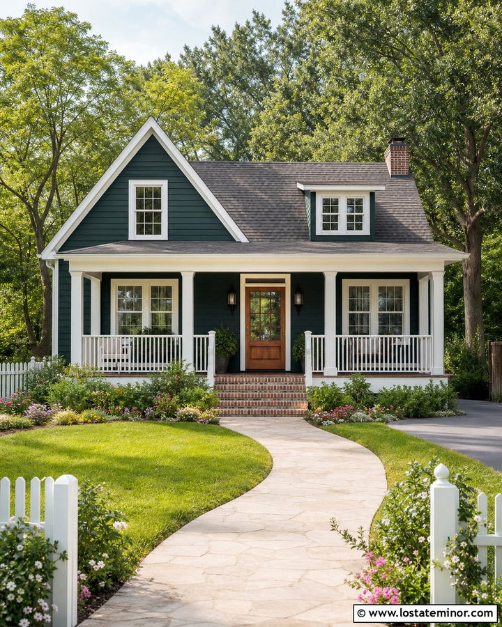 Hunter Green Cottage With Decorative White Railings - 30 Hunter Green House Design With Railings Ideas