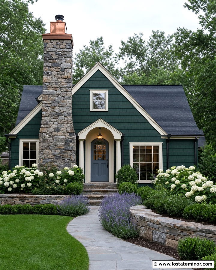 Hunter Green Cottage With Fieldstone Chimney - 30 Hunter Green House Design With Chimney Ideas