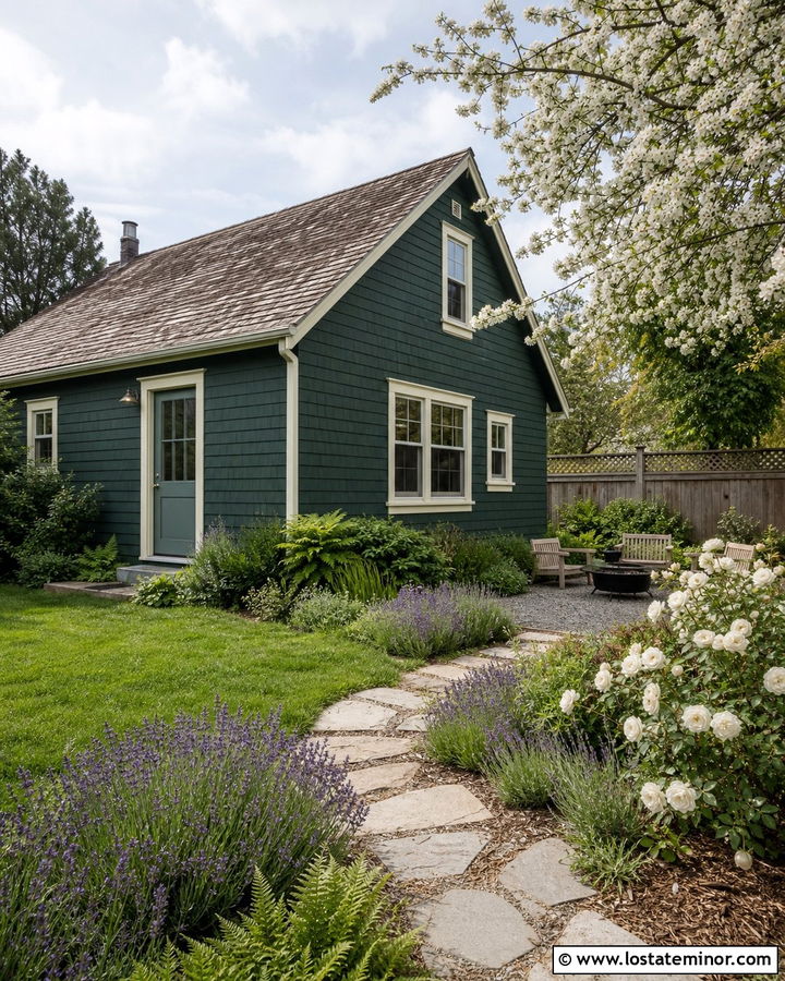 Hunter Green Cottage With Garden Path - 30 Hunter Green House Design With Backyard Ideas