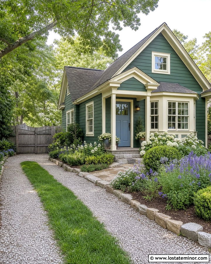 Hunter Green Cottage With Gravel Ribbon Driveway - 30 Hunter Green House Design With Driveway Ideas