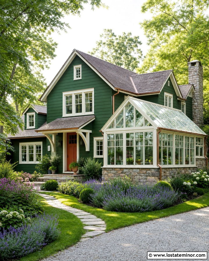 Hunter Green Cottage With Greenhouse Sunroom - 30 Hunter Green House Design With Sunroom Ideas