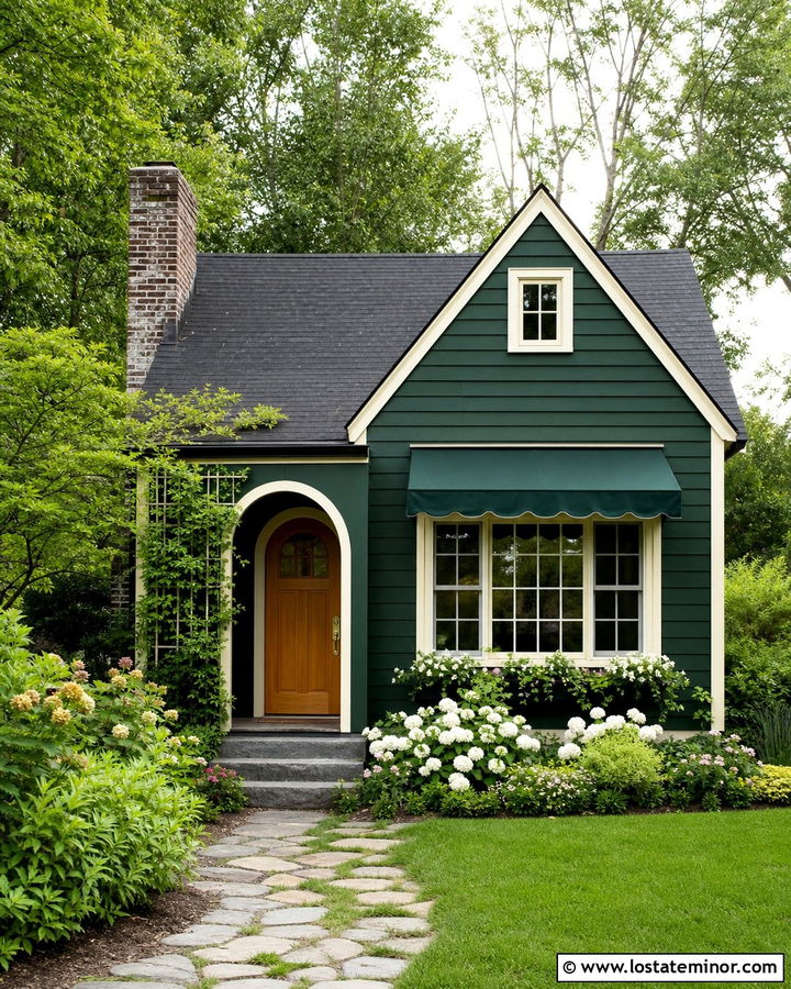 Hunter Green Cottage With Matching Green Awning - 30 Hunter Green House Design With Awning Ideas
