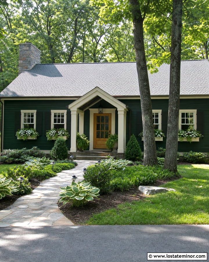 Hunter Green Cottage With Shade Window Boxes - 30 Hunter Green House Design With Window Boxes Ideas
