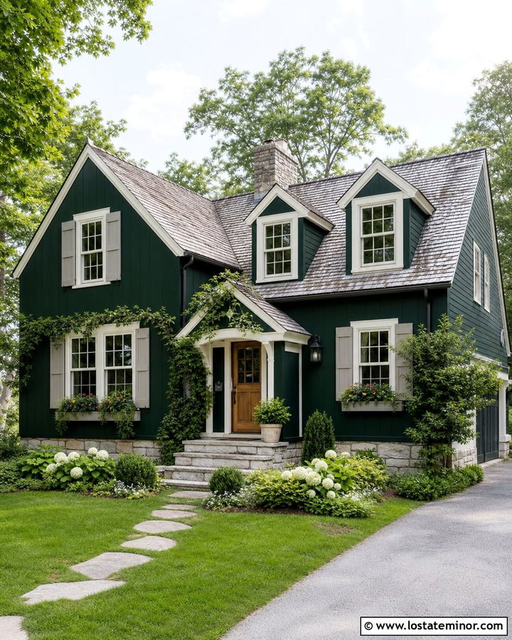 Hunter Green Cottage With Soft Gray Shutters - 30 Hunter Green House Design With Shutters Ideas