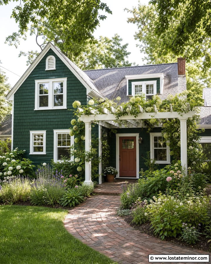 Hunter Green Cottage With Vine Covered Pergola - 30 Hunter Green House Design With Pergola Ideas