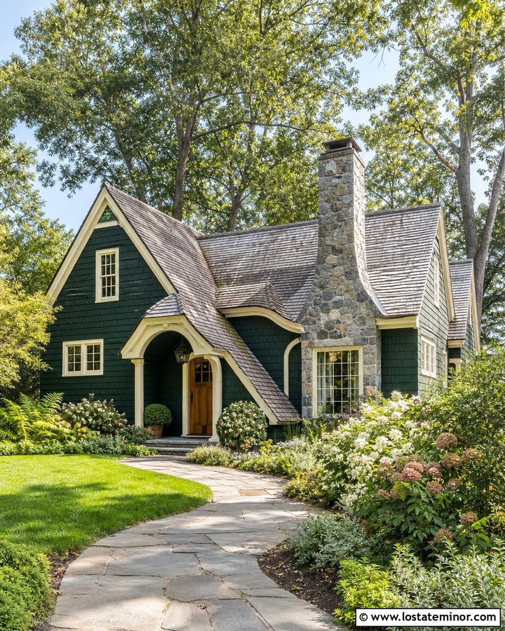 Hunter Green Cottage With Weathered Gray Shingles - 30 Hunter Green House Design With Shingles Ideas
