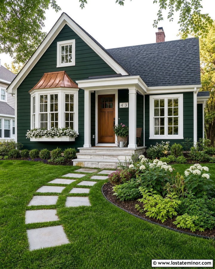 Hunter Green Cottage With White Bay Window Frames - 30 Hunter Green House Design With Window Frames Ideas