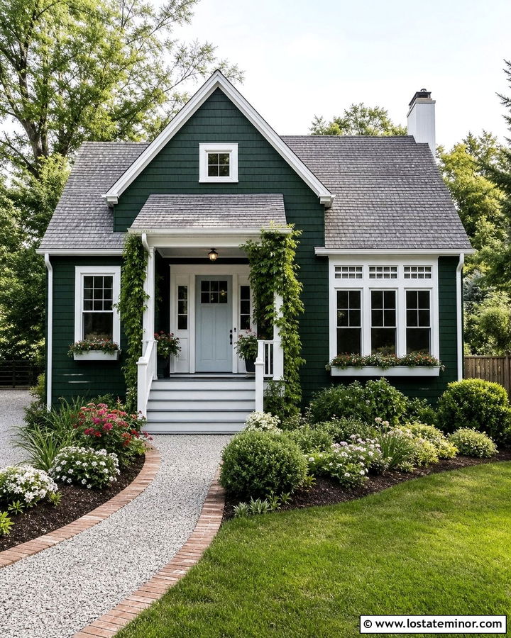 Hunter Green Cottage With White Risers - 30 Hunter Green House Design With Steps Ideas
