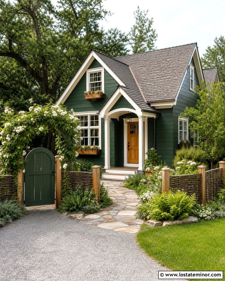 Hunter Green Cottage With Woven Willow Fence - 30 Hunter Green House Design With Fence Ideas