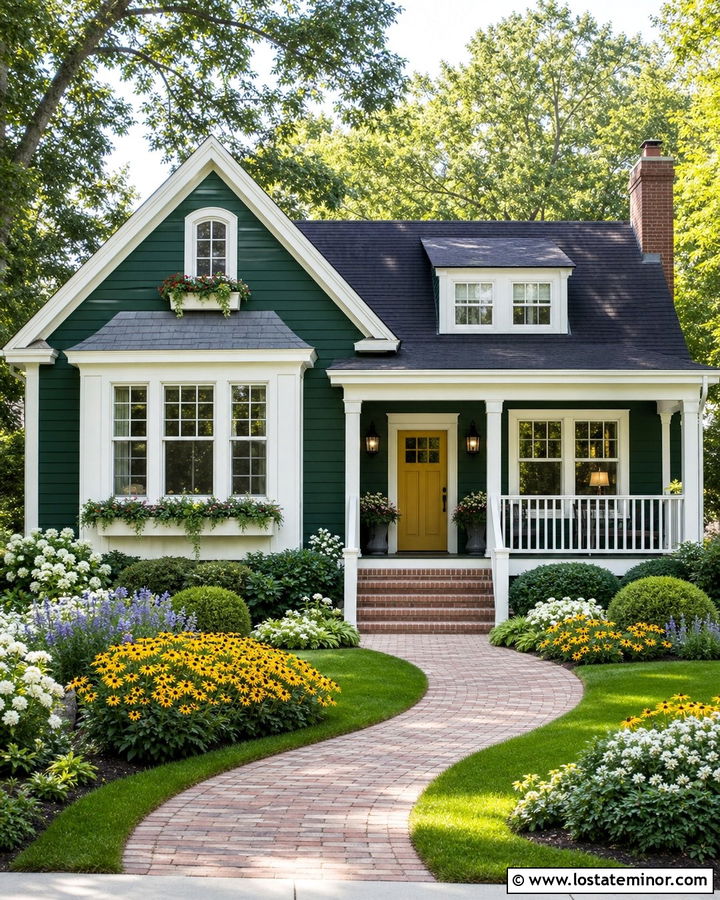 Hunter Green Cottage With Yellow Door Landscaping - 30 Hunter Green House Design With Landscaping Ideas