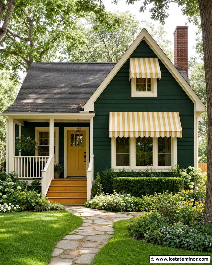 Hunter Green Cottage With Yellow Striped Awning - 30 Hunter Green House Design With Awning Ideas
