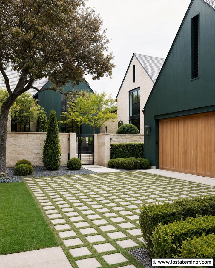 Hunter Green Courtyard House With Grass Paver Driveway - 30 Hunter Green House Design With Driveway Ideas