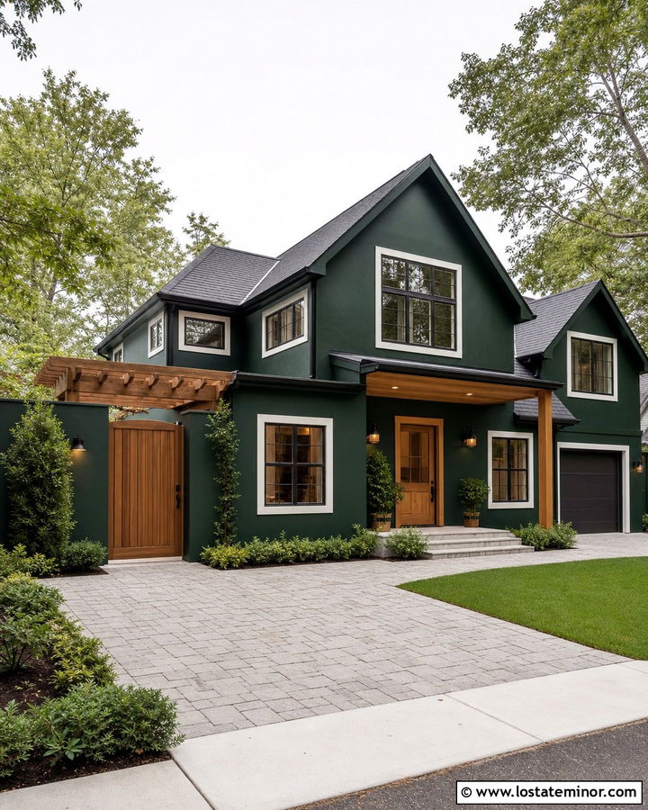 Hunter Green Courtyard House With White Window Frames And Cedar - 30 Hunter Green House Design With Window Frames Ideas