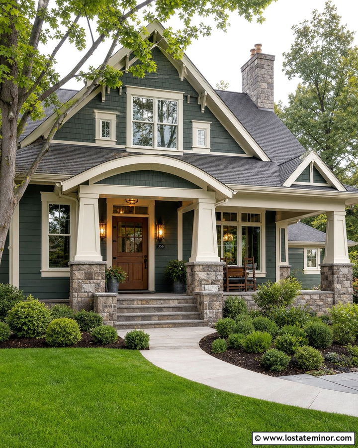 Hunter Green Craftsman House With Brass Lanterns - 30 Hunter Green House Design With Lighting Ideas