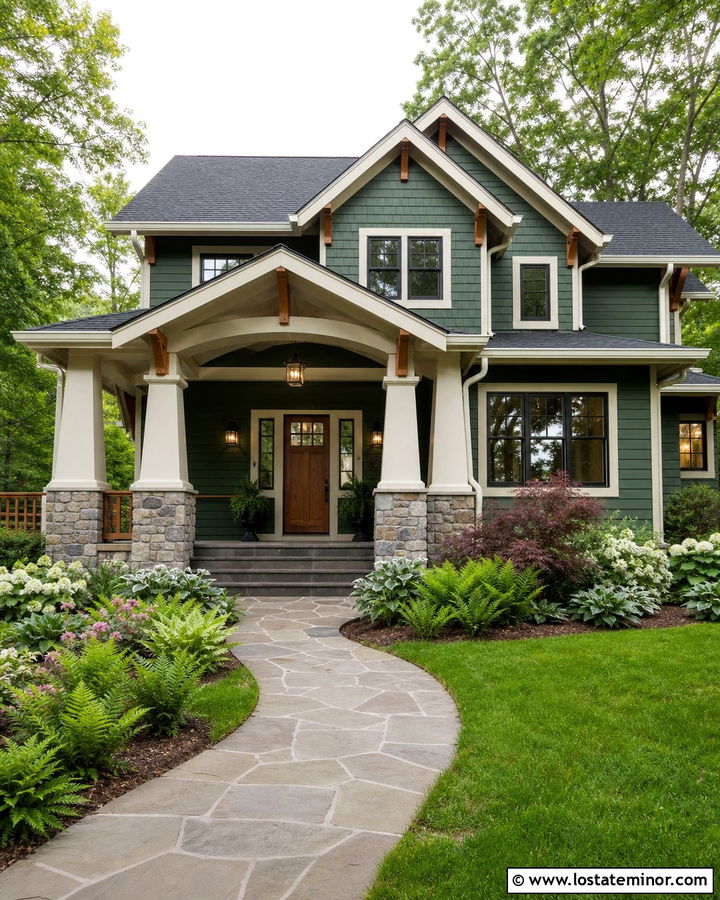 Hunter Green Craftsman House With Stone Portico - 30 Hunter Green House Design With Portico Ideas