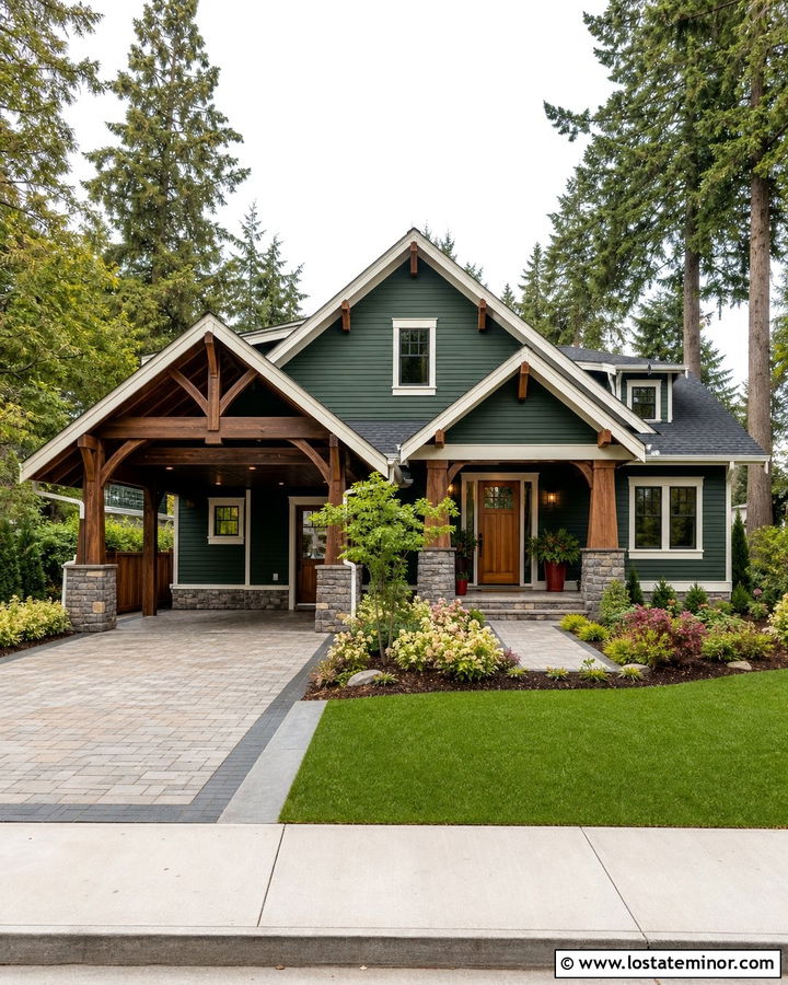 Hunter Green Craftsman House With Timber Carport - 30 Hunter Green House Design With Carport Ideas