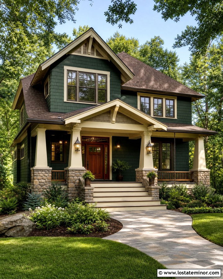 Hunter Green Craftsman With Aged Brass Lanterns - 30 Hunter Green House Design With Light Fixtures Ideas