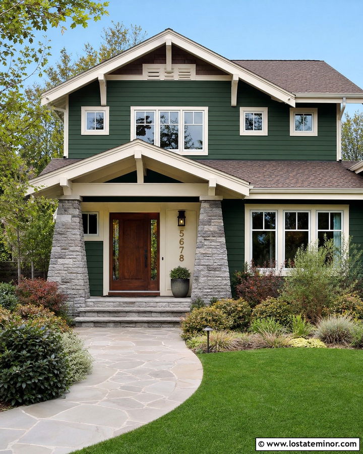 Hunter Green Craftsman With Brass House Numbers - 30 Hunter Green House Design With House Numbers Ideas