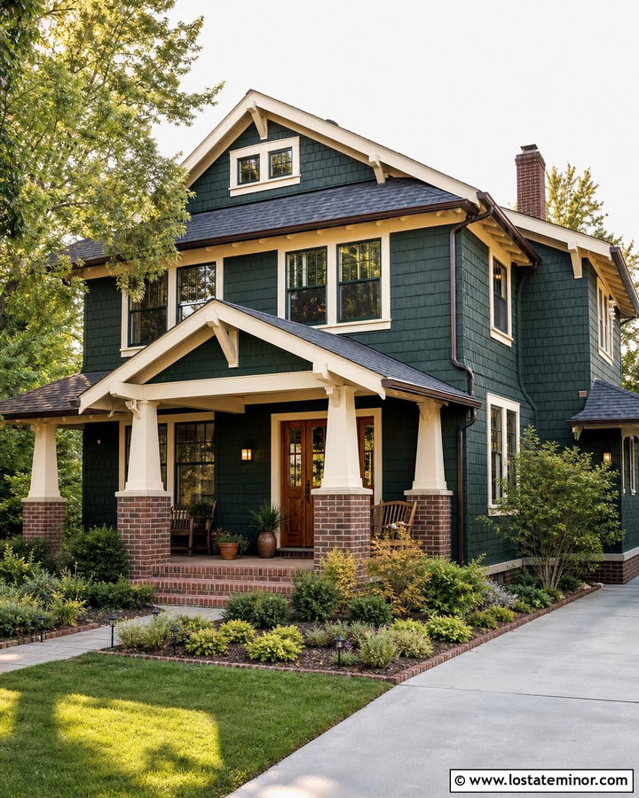 Hunter Green Craftsman With Brick Columns - 30 Hunter Green House Design With Brick Accents Ideas