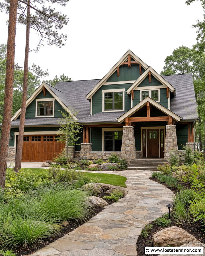 Hunter Green Craftsman With Cedar And Fieldstone - 30 Hunter Green House Design With Stone Accents Ideas