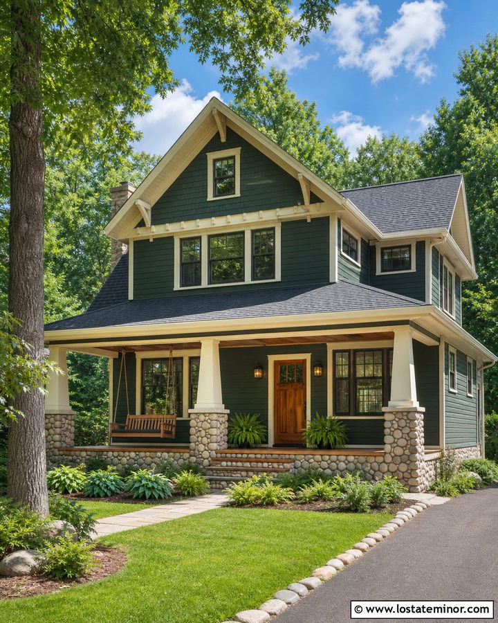 Hunter Green Craftsman With Cedar Porch Swing - 30 Hunter Green House Design With Swing Ideas