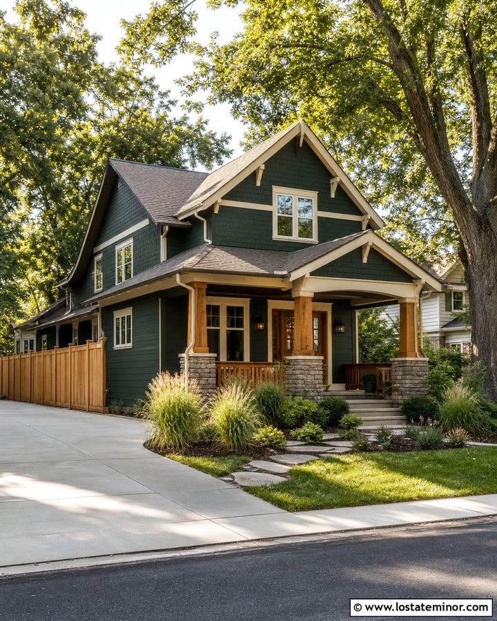 Hunter Green Craftsman With Cedar Privacy Fence - 30 Hunter Green House Design With Fence Ideas
