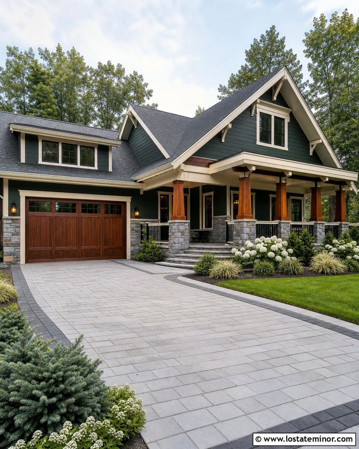 Hunter Green Craftsman With Concrete Paver Driveway - 30 Hunter Green House Design With Driveway Ideas