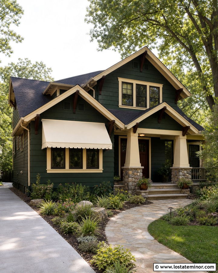 Hunter Green Craftsman With Cream Canvas Awning - 30 Hunter Green House Design With Awning Ideas