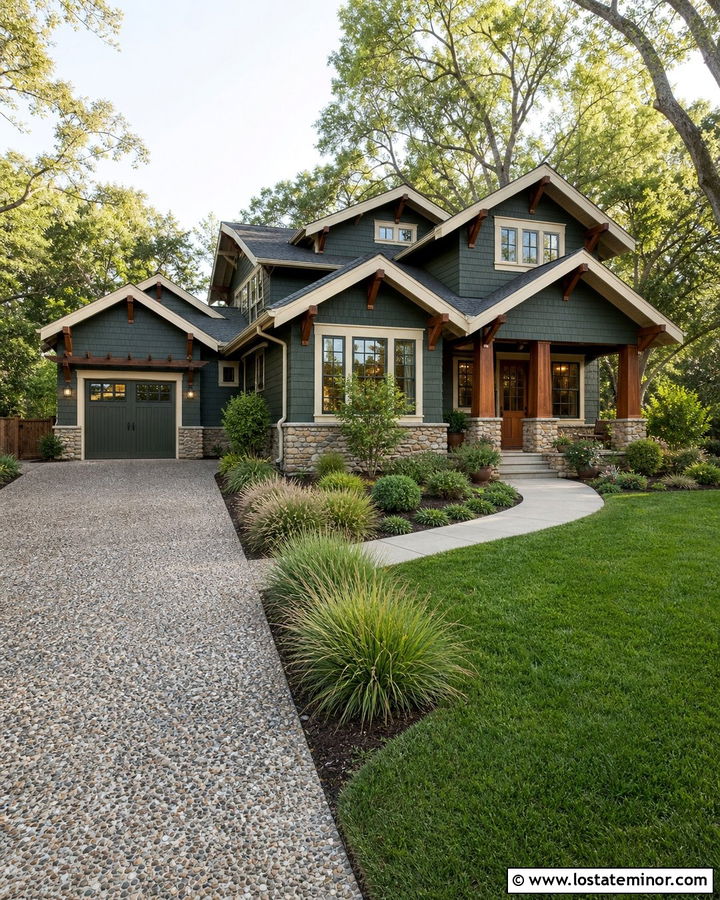 Hunter Green Craftsman With Exposed Aggregate Driveway - 30 Hunter Green House Design With Driveway Ideas