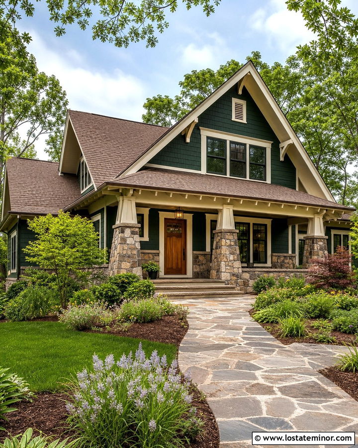 Hunter Green Craftsman With Fieldstone Wainscoting - 30 Hunter Green House Design With Wainscoting Ideas