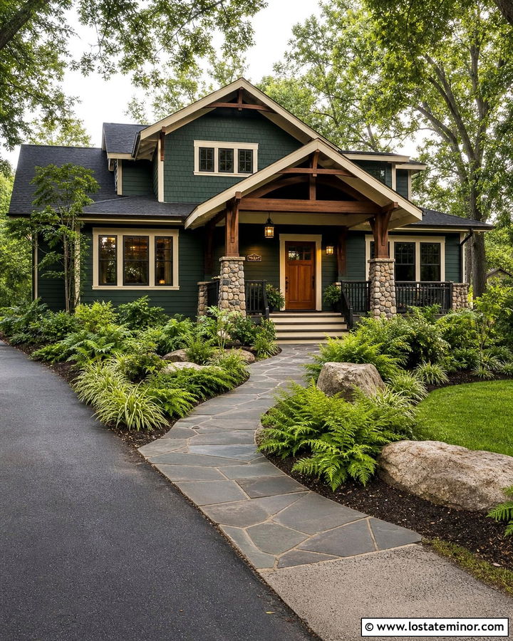 Hunter Green Craftsman With Flagstone Walkway - 30 Hunter Green House Design With Walkway Ideas