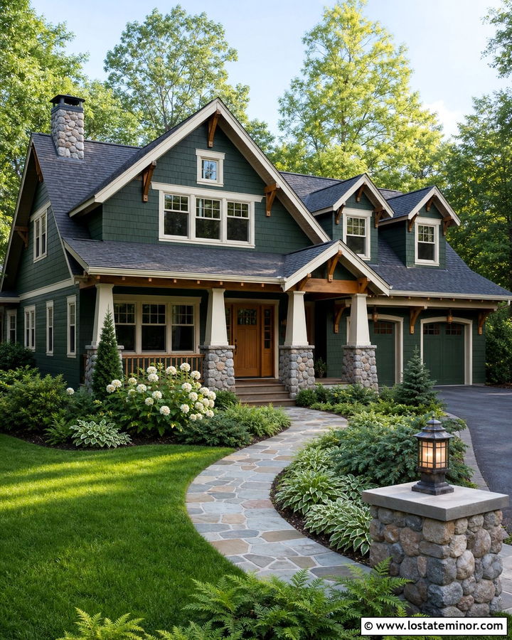 Hunter Green Craftsman With Hydrangea Landscaping - 30 Hunter Green House Design With Landscaping Ideas
