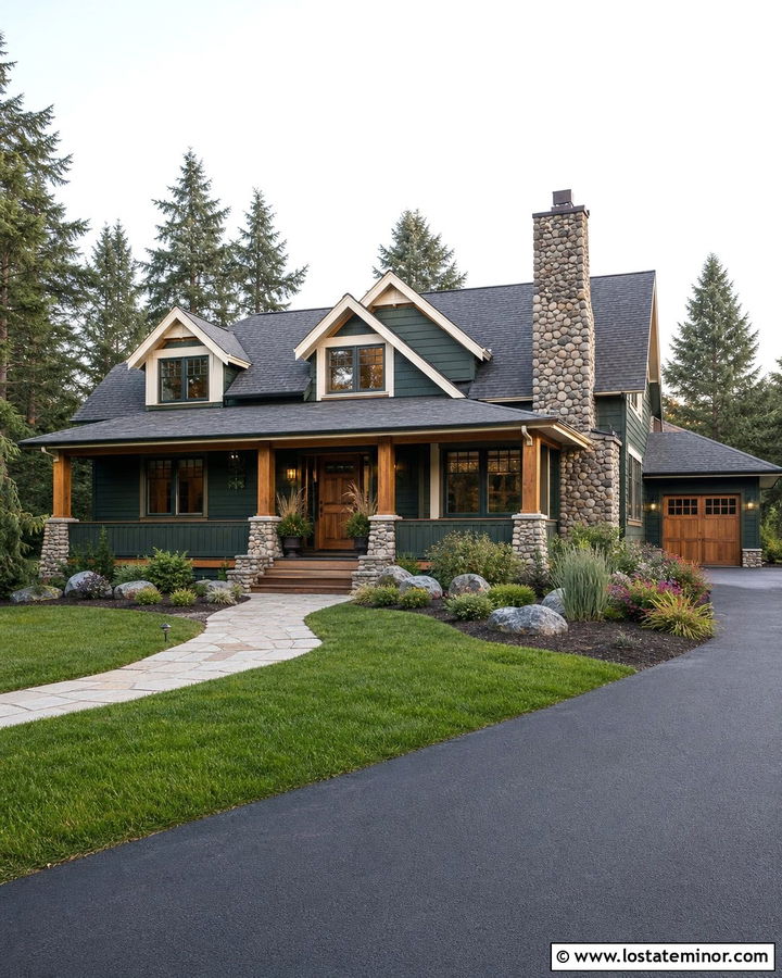 Hunter Green Craftsman With River Rock Chimney - 30 Hunter Green House Design With Chimney Ideas