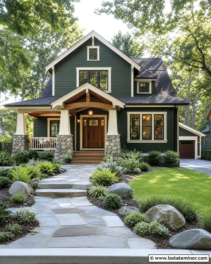 Hunter Green Craftsman With River Rock Landscaping - 30 Hunter Green House Design With Landscaping Ideas