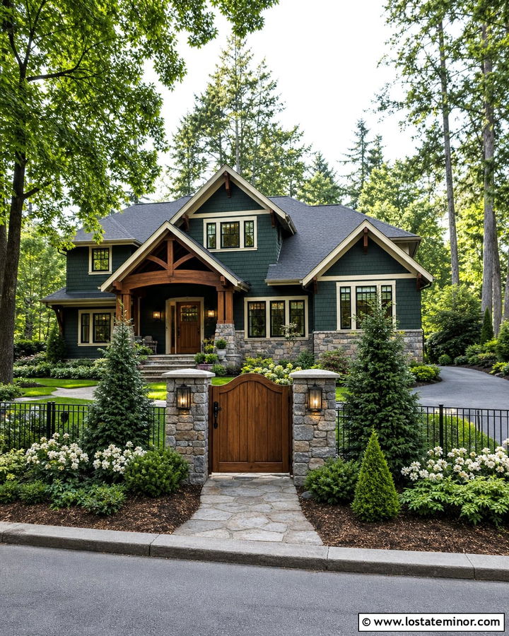 Hunter Green Craftsman With Stained Oak Gate - 30 Hunter Green House Design With Fence Ideas
