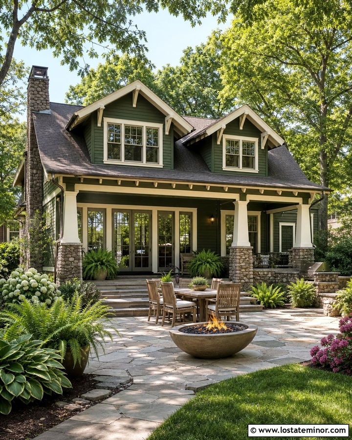 Hunter Green Craftsman With Stone Patio - 30 Hunter Green House Design With Backyard Ideas