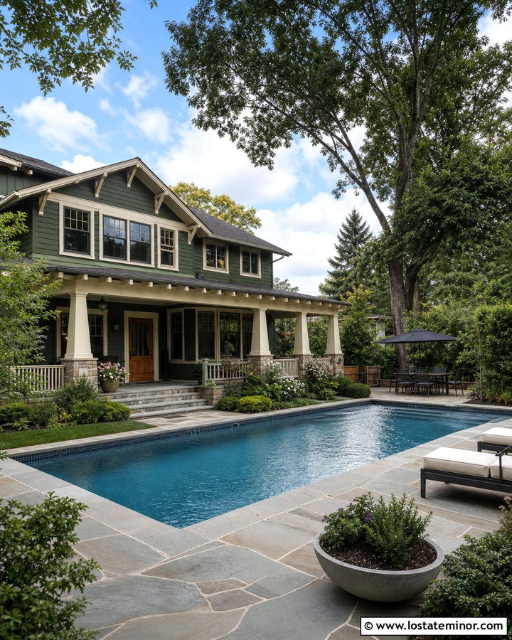 Hunter Green Craftsman With Stone Pool Deck - 30 Hunter Green House Design With Swimming Pool Ideas