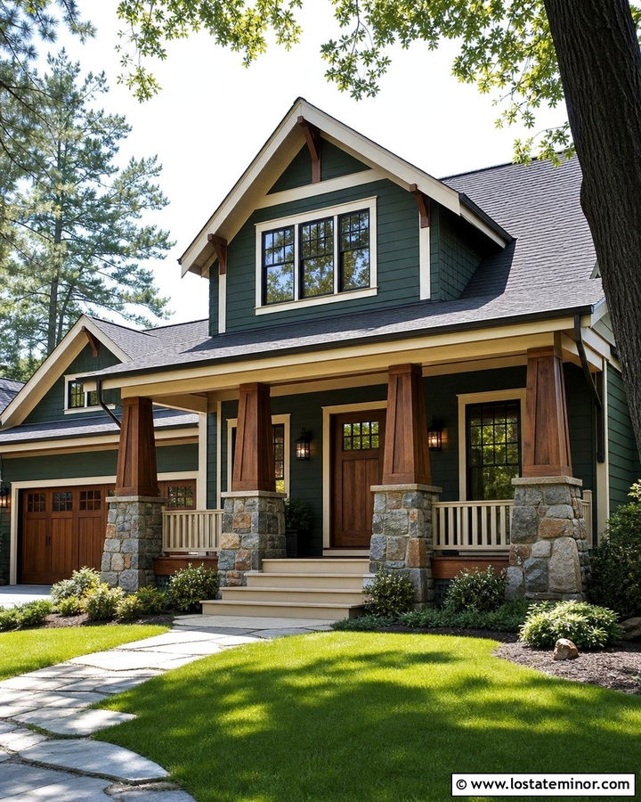 Hunter Green Craftsman With Stone Porch Columns - 30 Hunter Green House Design With Stone Accents Ideas