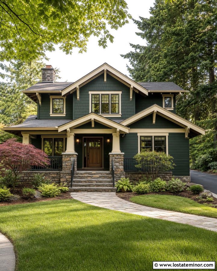 Hunter Green Craftsman With Stone Porch Steps - 30 Hunter Green House Design With Steps Ideas