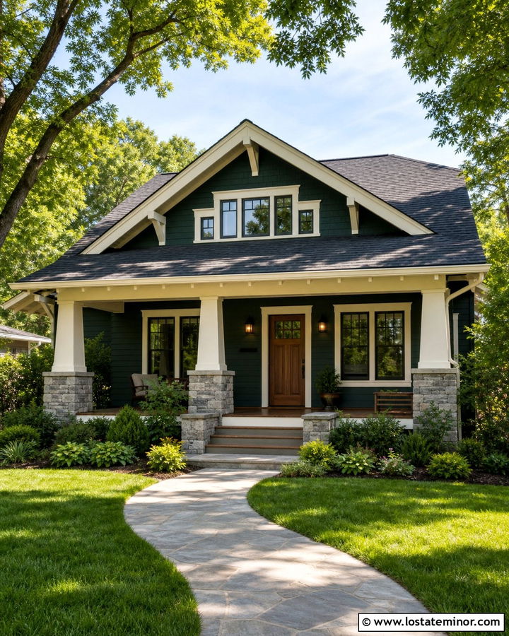 Hunter Green Craftsman With Stone Porch - 30 Hunter Green House Design With Front Porch Ideas