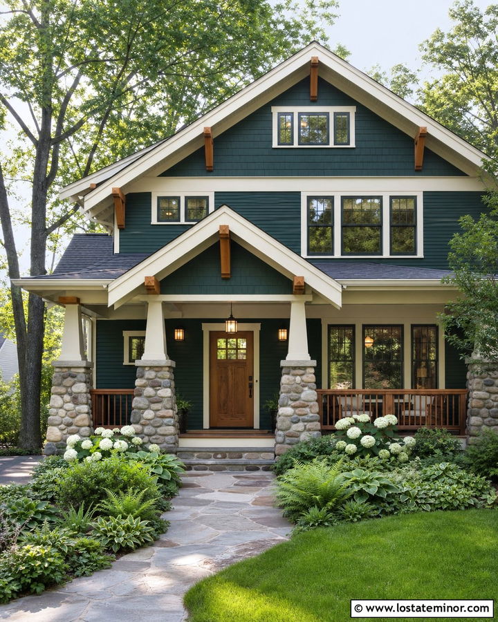 Hunter Green Craftsman With Stone Walkway - 30 Hunter Green House Design With Front Yard Ideas