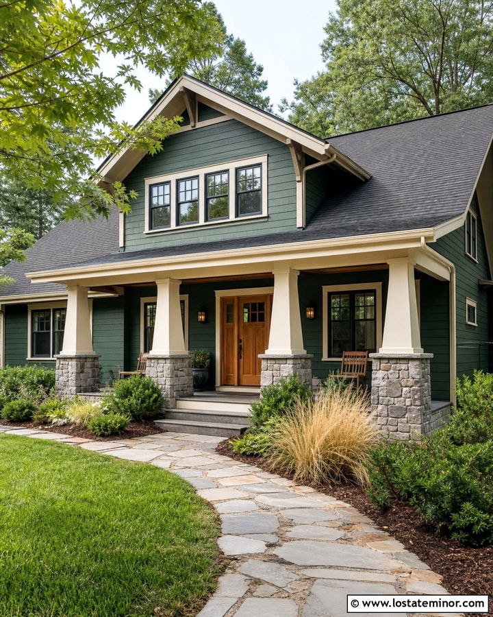Hunter Green Craftsman With Tapered Stone Columns - 30 Hunter Green House Design With Porch Columns Ideas